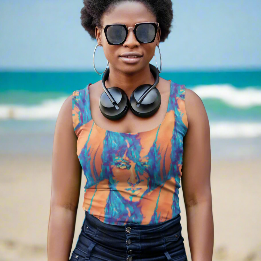 Aiden Orange Blue Goddess Women's Tank Top by Chameleon Surf, featuring a body-hugging silhouette, vibrant orange hue, and four-way stretch fabric, perfect for beach outings, yoga, and casual wear.
