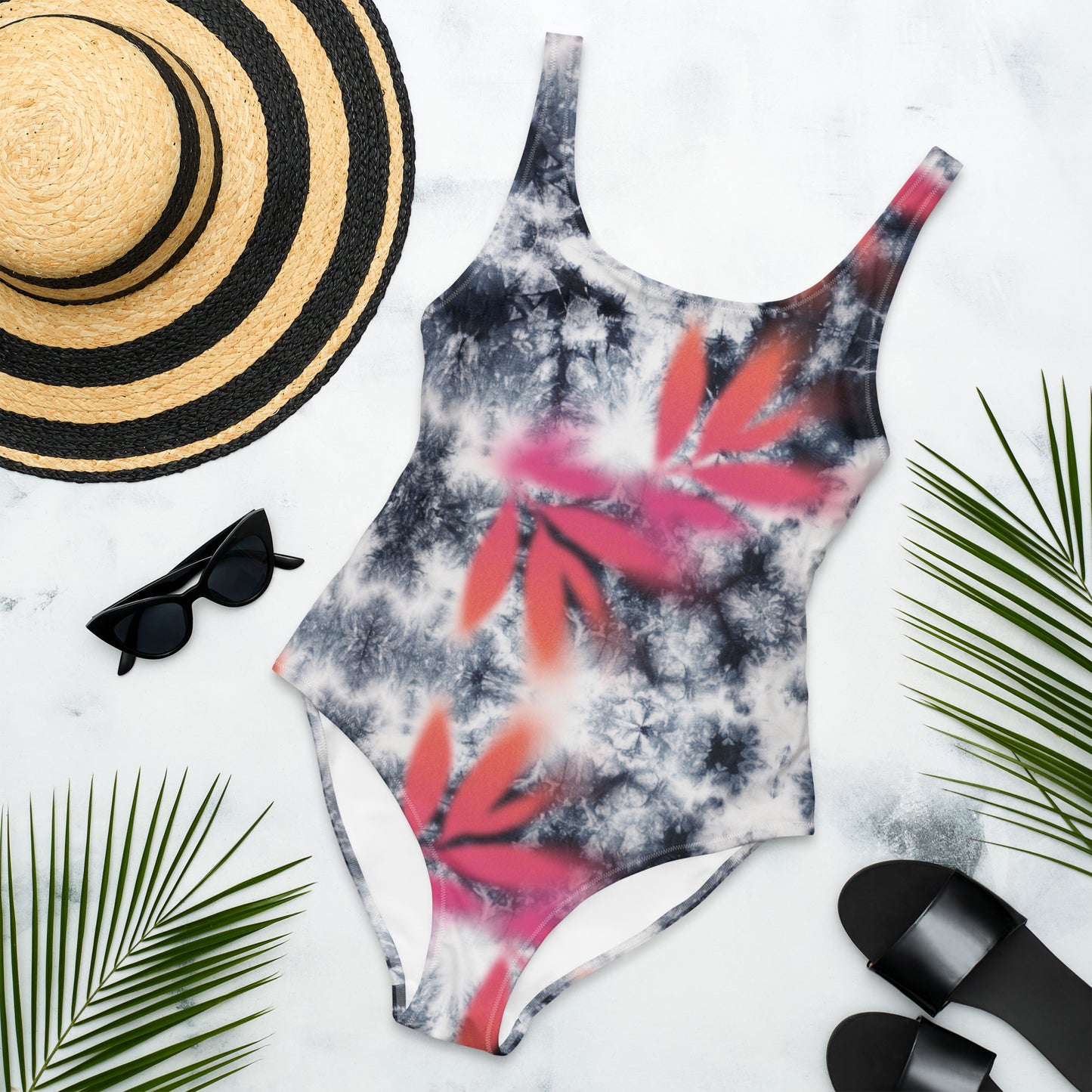 Pink Tropical Spray Paint Black Tie Dye One-Piece Swimsuit