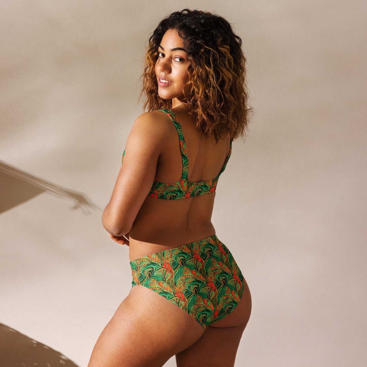 Rain Forest Green Orange High-Waisted Bikini