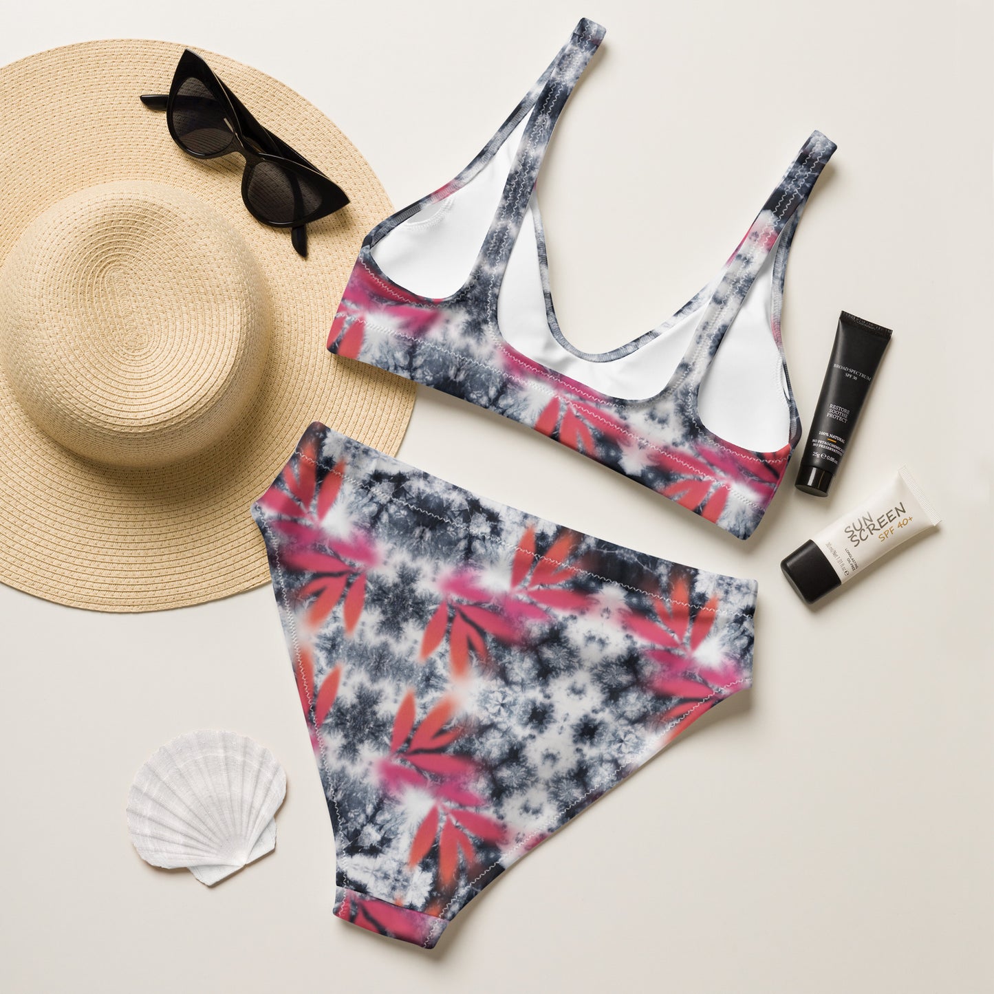 Pink Tropical Spray Paint Black Tie Dye High-Waisted Bikini