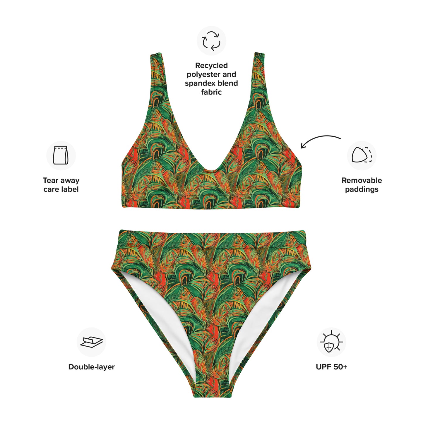 Rain Forest Green Orange High-Waisted Bikini