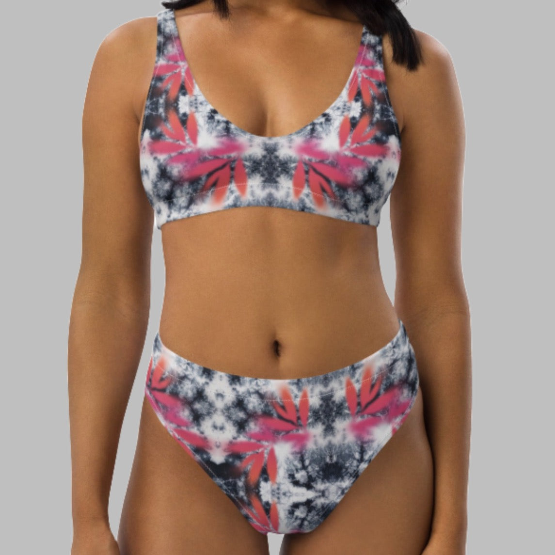 Pink Tropical Spray Paint Black Tie Dye High-Waisted Bikini