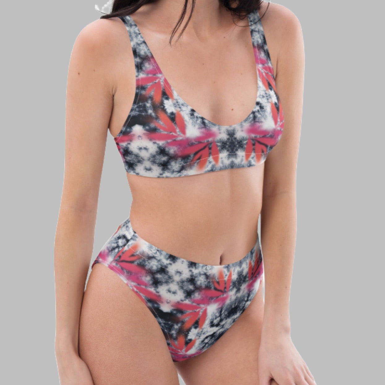 Pink Tropical Spray Paint Black Tie Dye High-Waisted Bikini