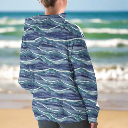Blue White Waves Beach Hoodie Cozy Sweatshirt