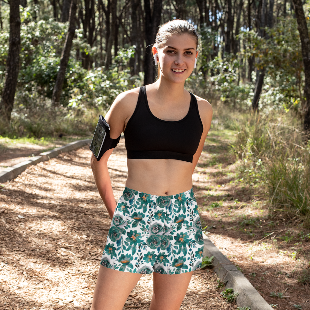Green Floral White Women’s Athletic Shorts