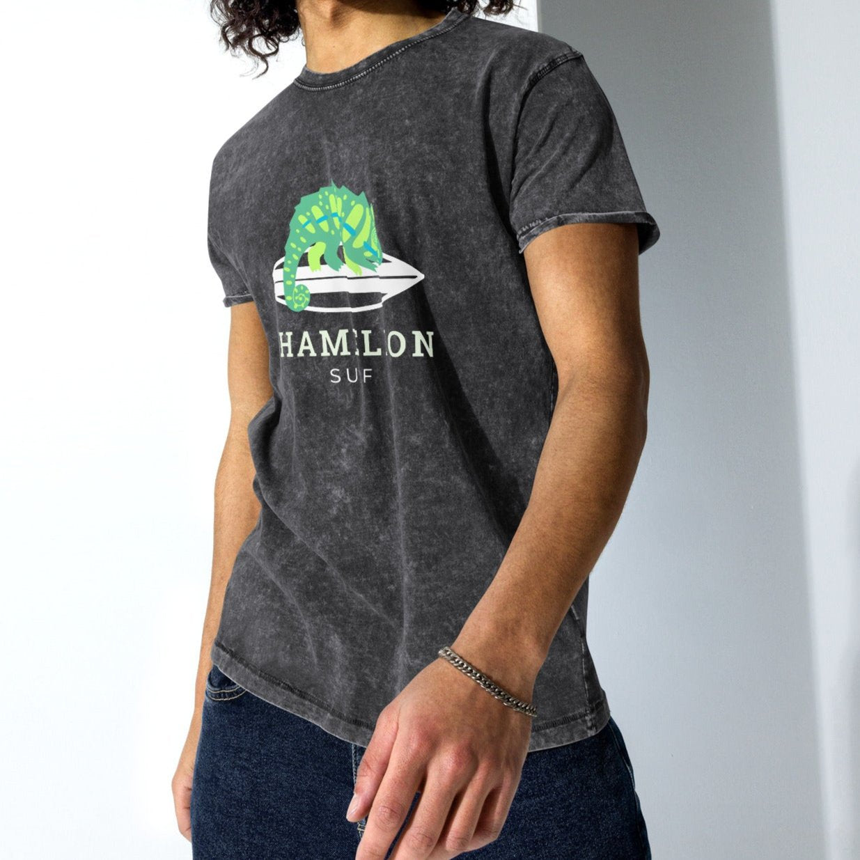 Green Chameleon Surf Men's Acid Wash Denim T-Shirt
