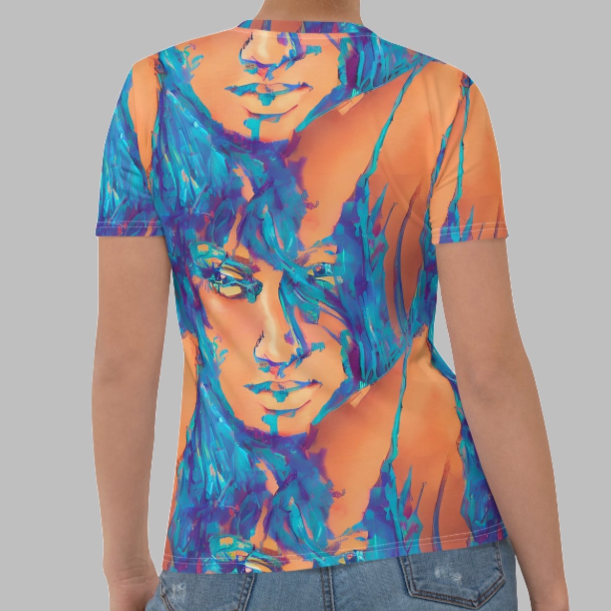 Aiden Orange Blue Goddess Women's T-shirt by Chameleon Surf, featuring a vibrant orange and blue goddess design, crafted from soft cotton-touch polyester jersey fabric, perfect for summer adventures and casual wear.