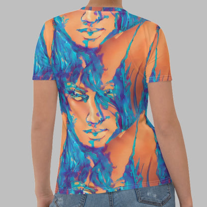 Aiden Orange Blue Goddess Women's T-shirt by Chameleon Surf, featuring a vibrant orange and blue goddess design, crafted from soft cotton-touch polyester jersey fabric, perfect for summer adventures and casual wear.