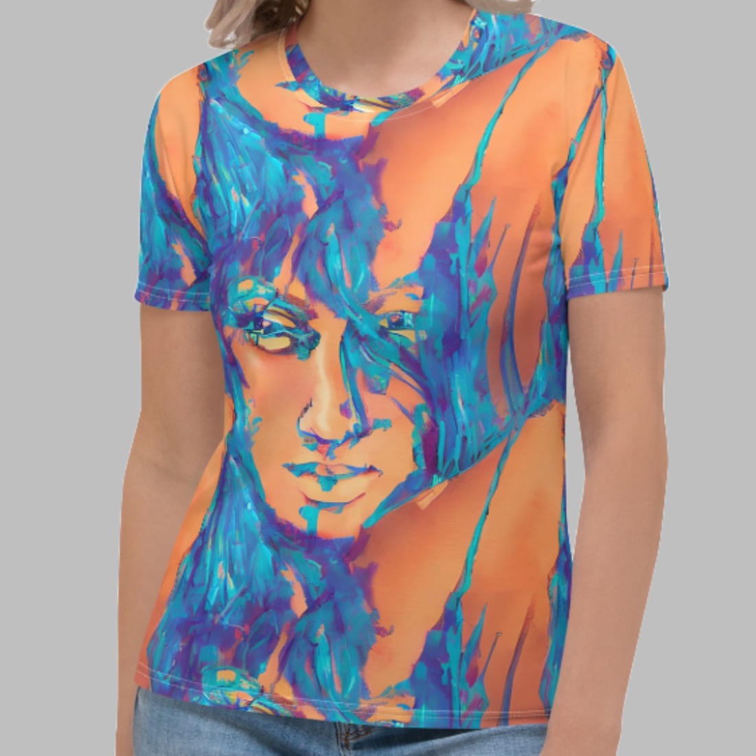 Aiden Orange Blue Goddess Women's T-shirt by Chameleon Surf, featuring a vibrant orange and blue goddess design, crafted from soft cotton-touch polyester jersey fabric, perfect for summer adventures and casual wear.