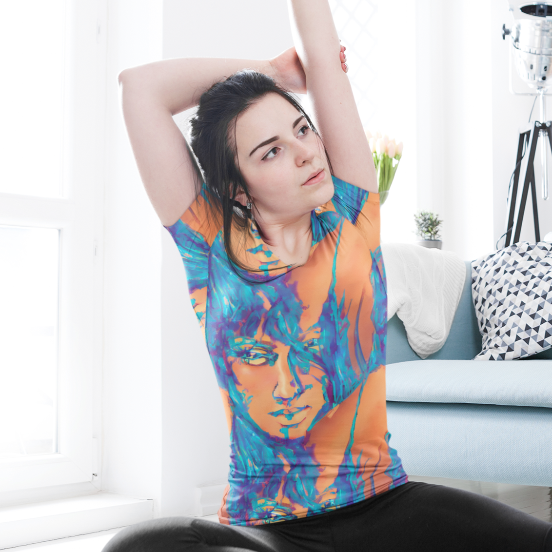 Aiden Orange Blue Goddess Women's T-shirt by Chameleon Surf, featuring a vibrant orange and blue goddess design, crafted from soft cotton-touch polyester jersey fabric, perfect for summer adventures, yoga, hiking and casual wear.