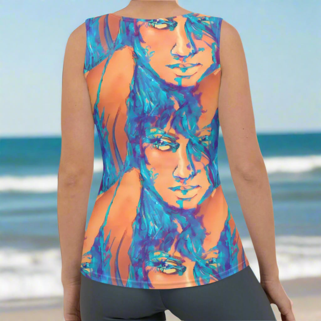 Aiden Orange Blue Goddess Women's Tank Top by Chameleon Surf, featuring a body-hugging silhouette, vibrant orange hue, and four-way stretch fabric, perfect for beach outings, yoga, and casual wear.