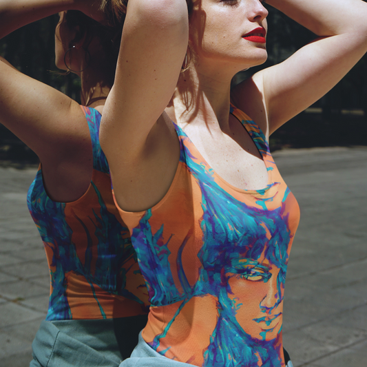 Aiden Orange Blue Goddess Women's Tank Top by Chameleon Surf, featuring a body-hugging silhouette, vibrant orange hue, and four-way stretch fabric, perfect for beach outings, yoga, and casual wear.