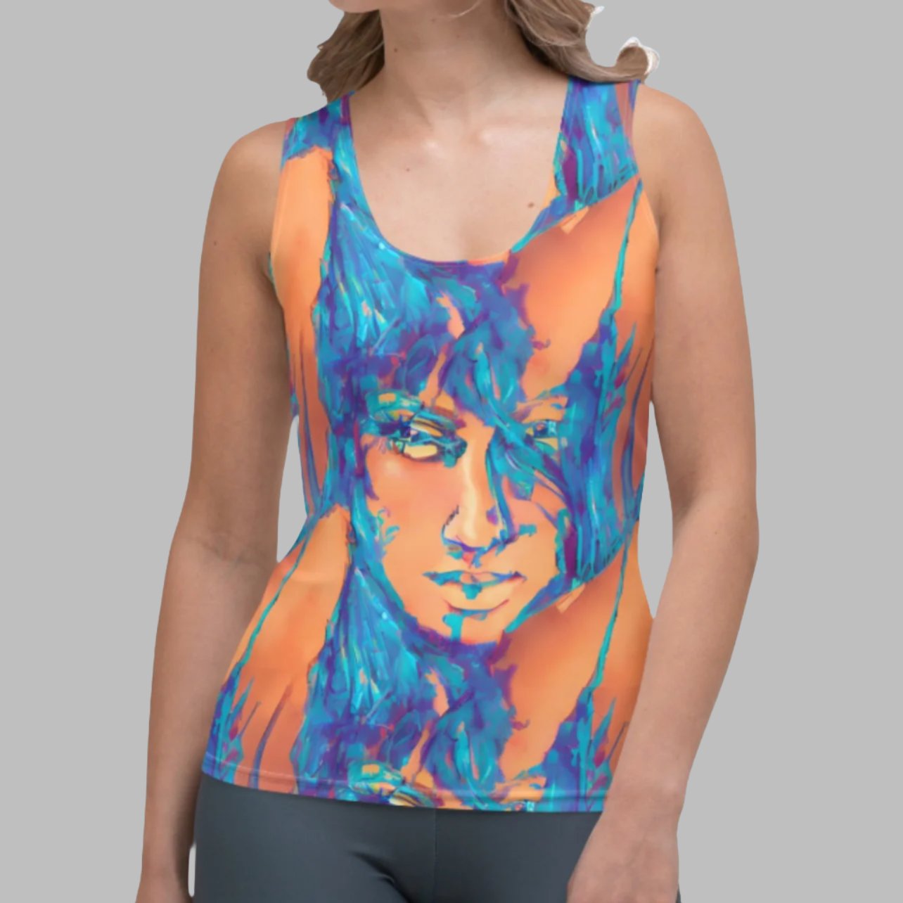 Aiden Orange Blue Goddess Women's Tank Top by Chameleon Surf, featuring a body-hugging silhouette, vibrant orange hue, and four-way stretch fabric, perfect for beach outings, yoga, and casual wear.