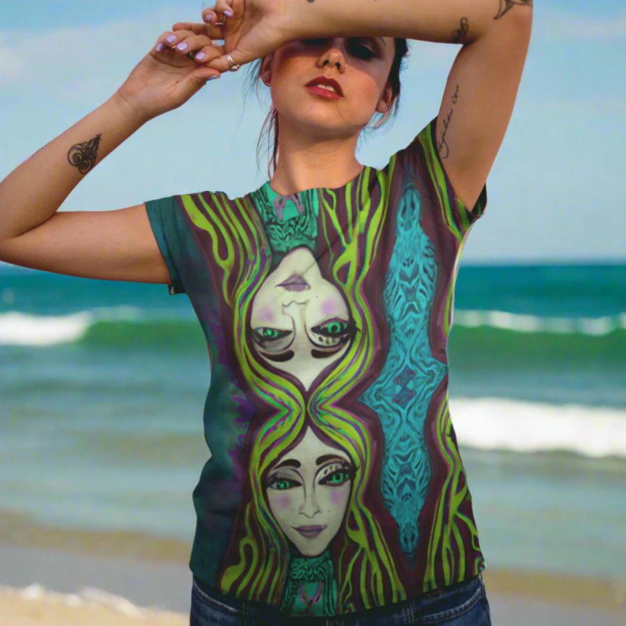 Amphitrite Sea Goddess Women's T-shirt by Chameleon Surf, a blue-green tee crafted from premium knit mid-weight jersey with four-way stretch, offering a boho-inspired regular fit for comfort and style. Travel wear, Casual Tee.