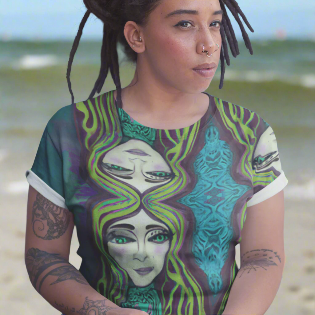 Amphitrite Sea Goddess Women's T-shirt by Chameleon Surf, a blue-green tee crafted from premium knit mid-weight jersey with four-way stretch, offering a boho-inspired regular fit for comfort and style. Travel wear, Casual Tee.