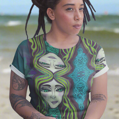 Amphitrite Sea Goddess Women's T-shirt by Chameleon Surf, a blue-green tee crafted from premium knit mid-weight jersey with four-way stretch, offering a boho-inspired regular fit for comfort and style. Travel wear, Casual Tee.
