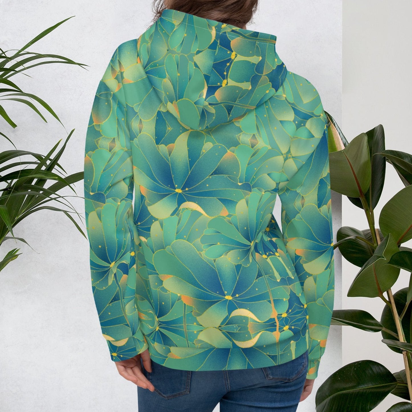 Water Lettuce Green Beach Hoodie, a cozy unisex sweatshirt with a vibrant green and turquoise water lettuce print, soft cotton-feel fabric, and brushed fleece lining, perfect for beach strolls and lounging.