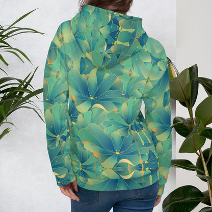 Water Lettuce Green Beach Hoodie, a cozy unisex sweatshirt with a vibrant green and turquoise water lettuce print, soft cotton-feel fabric, and brushed fleece lining, perfect for beach strolls and lounging.