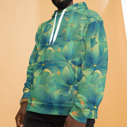 Water Lettuce Green Beach Hoodie, a cozy unisex sweatshirt with a vibrant green and turquoise water lettuce print, soft cotton-feel fabric, and brushed fleece lining, perfect for beach strolls and lounging.