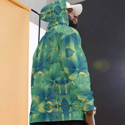 Water Lettuce Green Beach Hoodie, a cozy unisex sweatshirt with a vibrant green and turquoise water lettuce print, soft cotton-feel fabric, and brushed fleece lining, perfect for beach strolls and lounging.