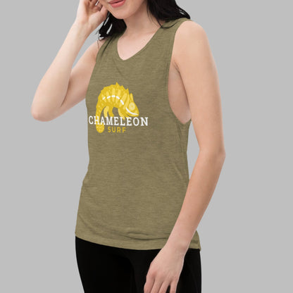 Yellow Chameleon Surf Women's Muscle Tank Top in Army Green, featuring soft flowy fabric, low-cut armholes, and a relaxed summer vibe – perfect for beach days, yoga, travel, workout, gym and casual wear