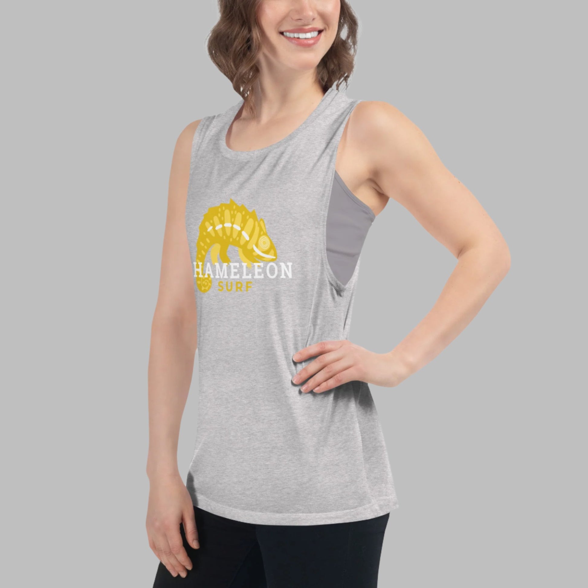 Yellow Chameleon Surf Women's Muscle Tank Top in Athletic Heather, featuring soft flowy fabric, low-cut armholes, and a relaxed summer vibe – perfect for beach days, yoga, travel, workout, gym and casual wear