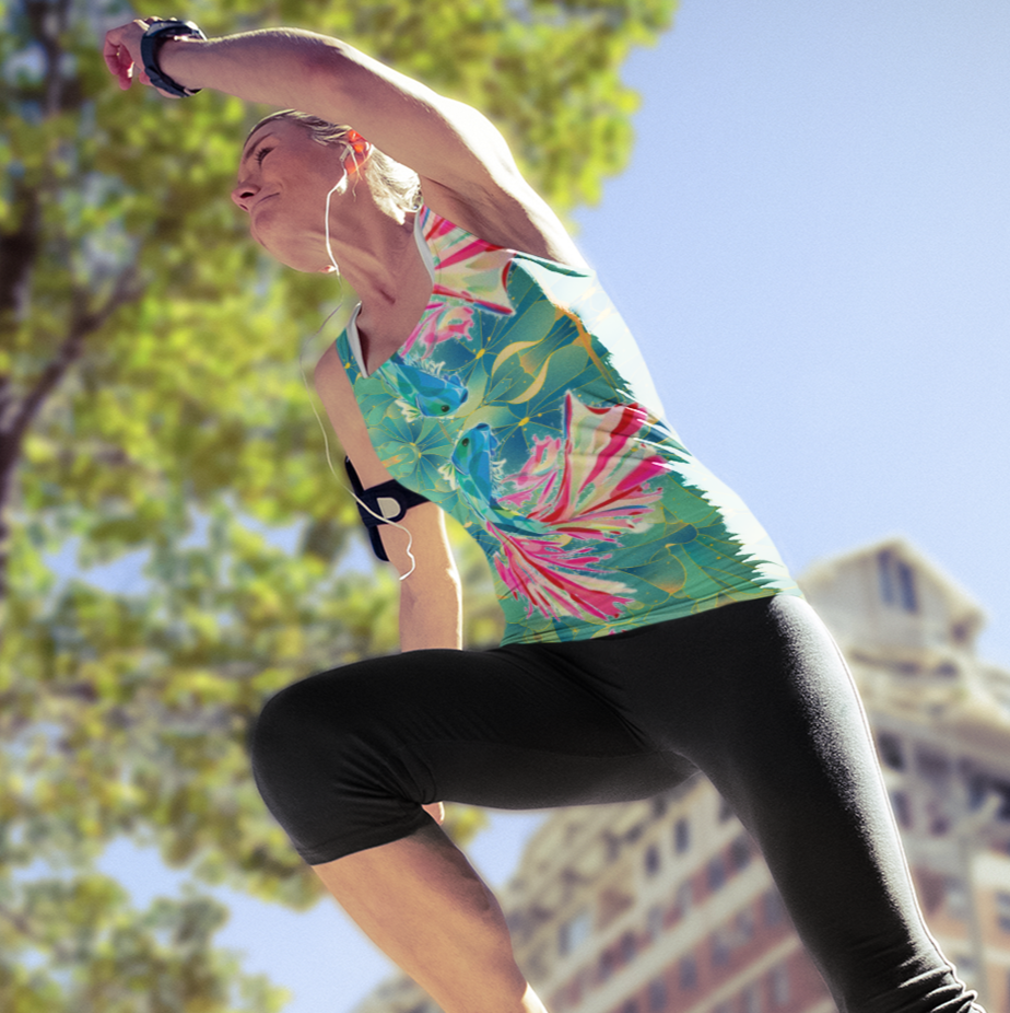 Lady wearing the Chameleon Surf Flirty Fish Women's Tank Top, showcasing its vibrant swimming fish design. The tank top, made from a soft and stretchy blend of 82% polyester and 18% spandex, offers a comfortable fit perfect for beach days, yoga sessions, or vacation adventures. Lightweight and breathable, this stylish tank elevates summer wardrobes with effortless style and versatility.