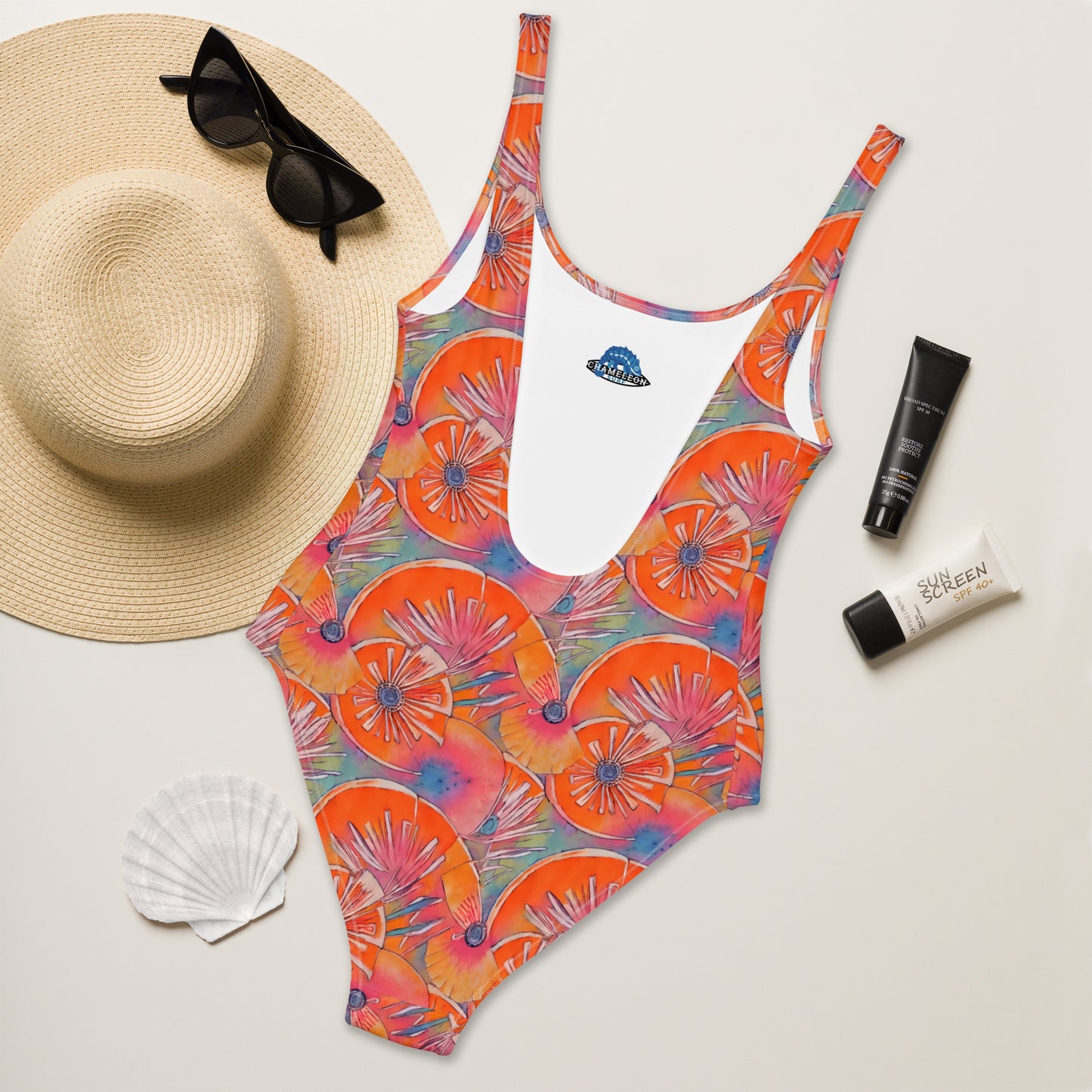 Blue Orange Shell Art Deco One-Piece Swimsuit
