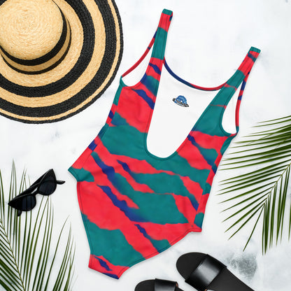 Neon Red Sunset Teal Mountains One-Piece Swimsuit