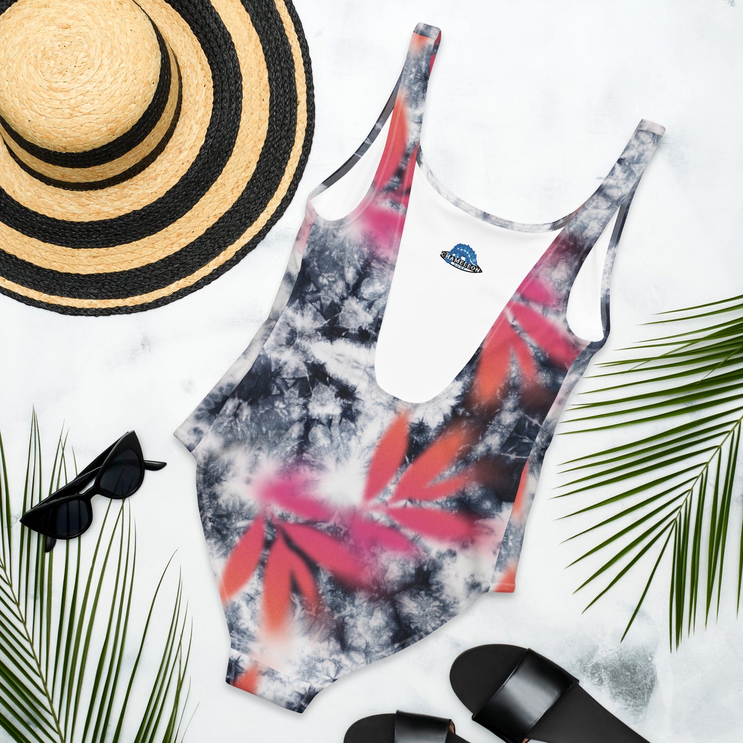 Pink Tropical Spray Paint Black Tie Dye One-Piece Swimsuit