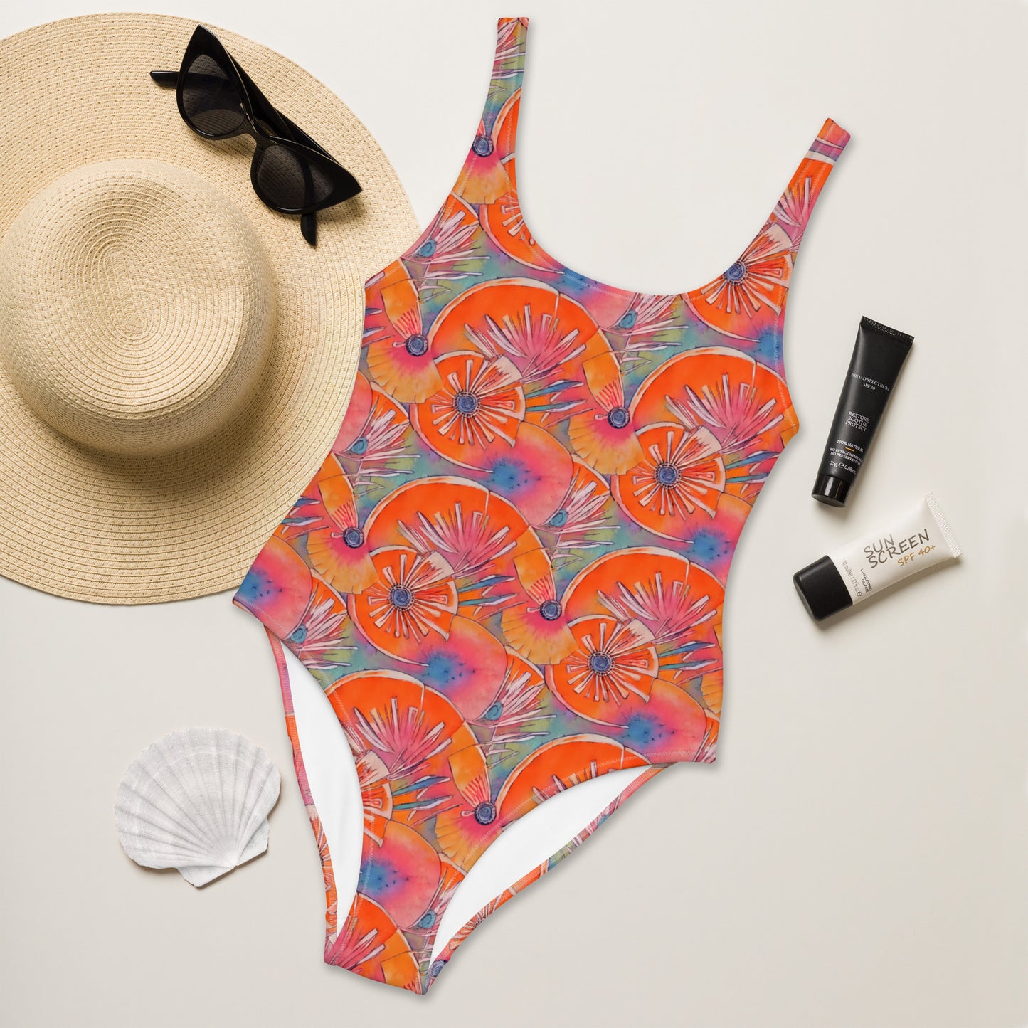 Blue Orange Shell Art Deco One-Piece Swimsuit