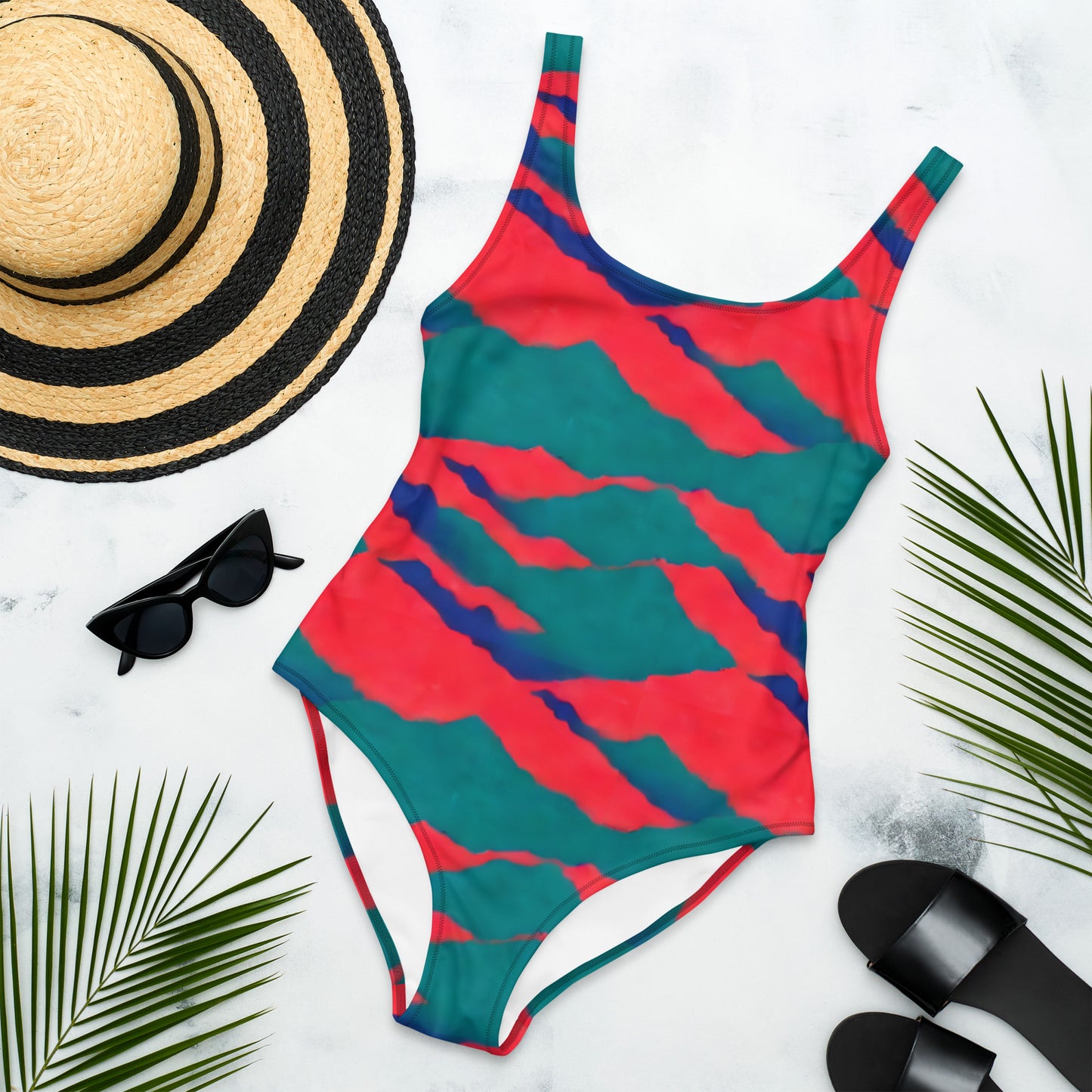 Neon Red Sunset Teal Mountains One-Piece Swimsuit