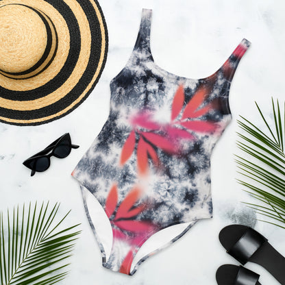 Pink Tropical Spray Paint Black Tie Dye One-Piece Swimsuit