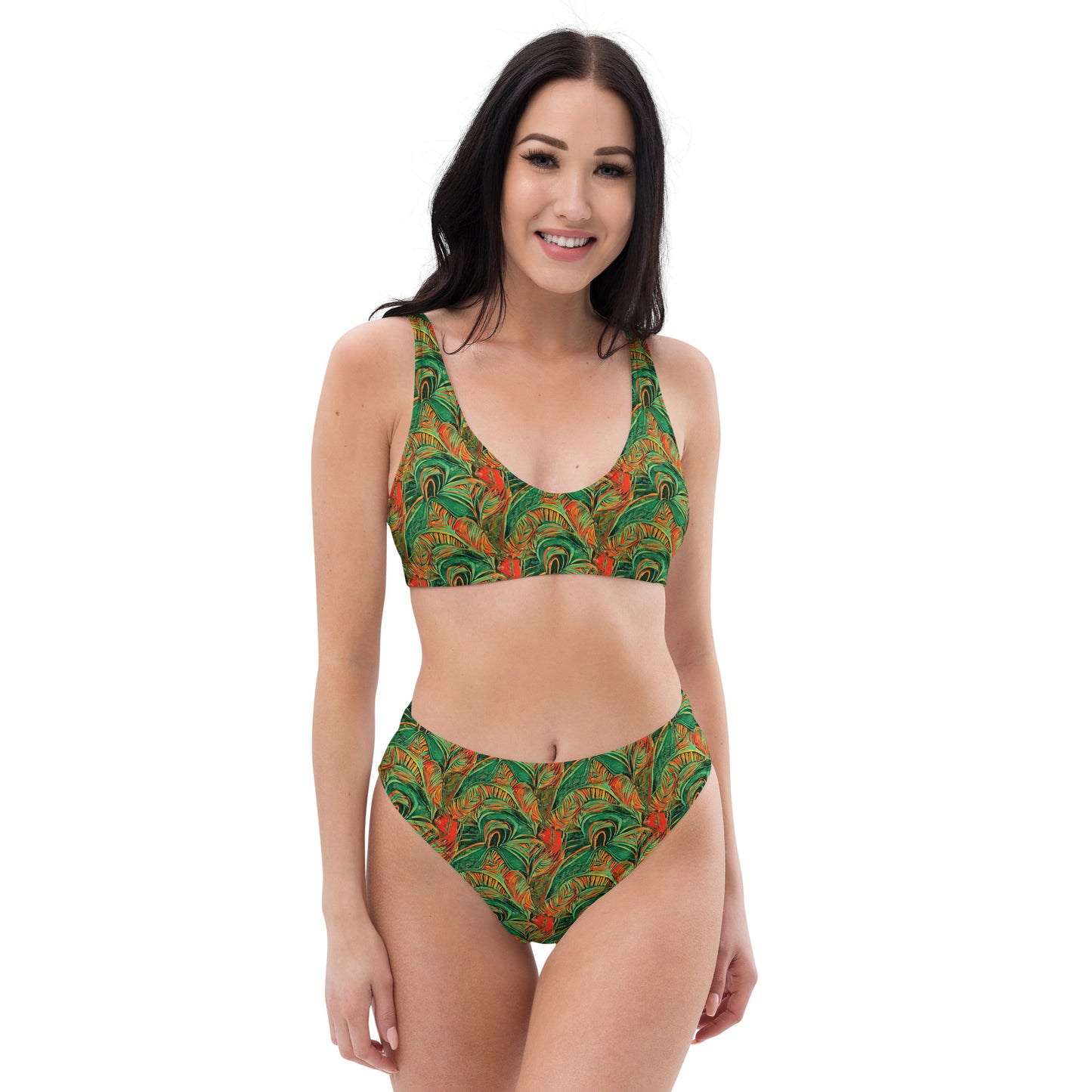 Rain Forest Green Orange High-Waisted Bikini
