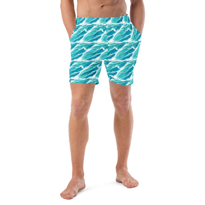 Turquoise White Waves Men's Swim Trunks