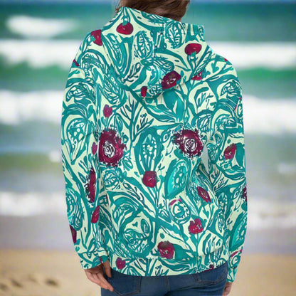 Red Flowers Teal Beach Hoodie Cozy Sweatshirt