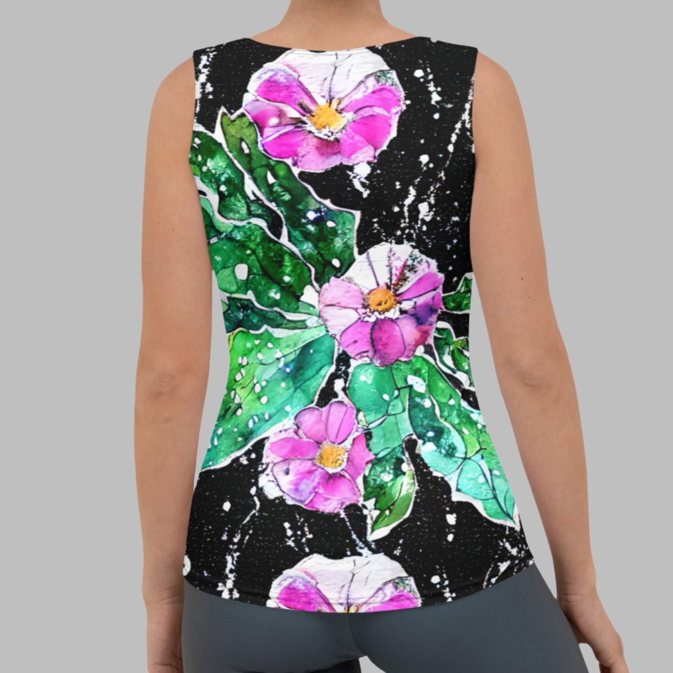 Painted Pink Flowers Black Women's Tank Top