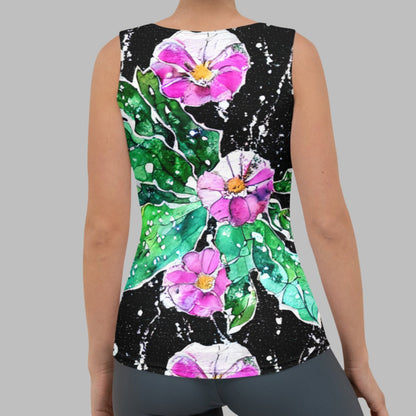 Painted Pink Flowers Black Women's Tank Top