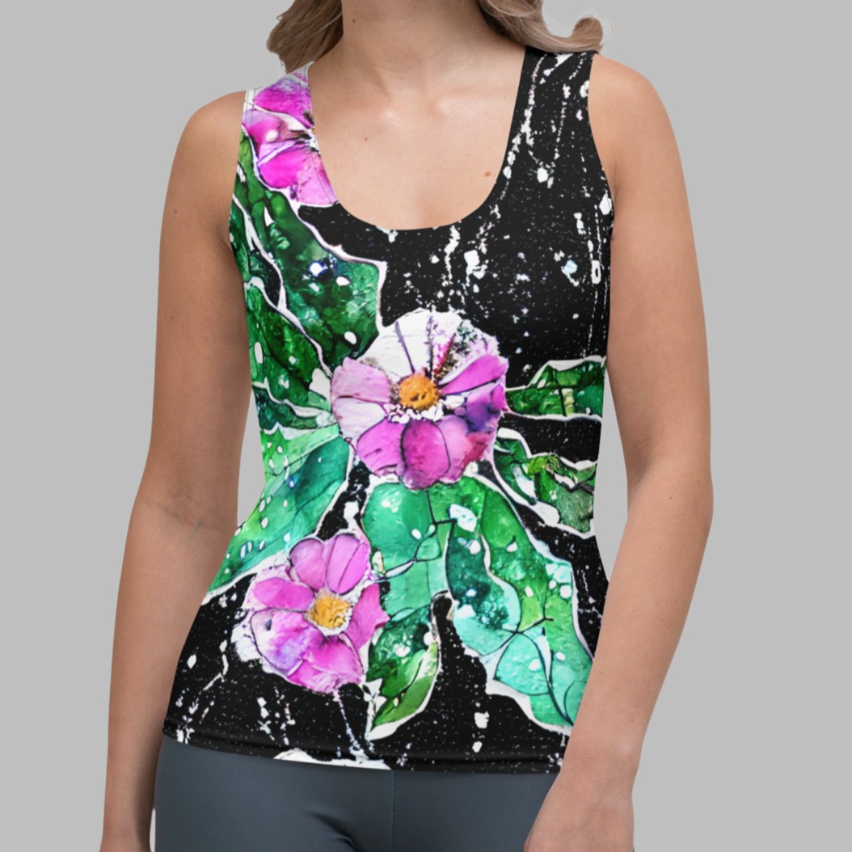 Painted Pink Flowers Black Women's Tank Top
