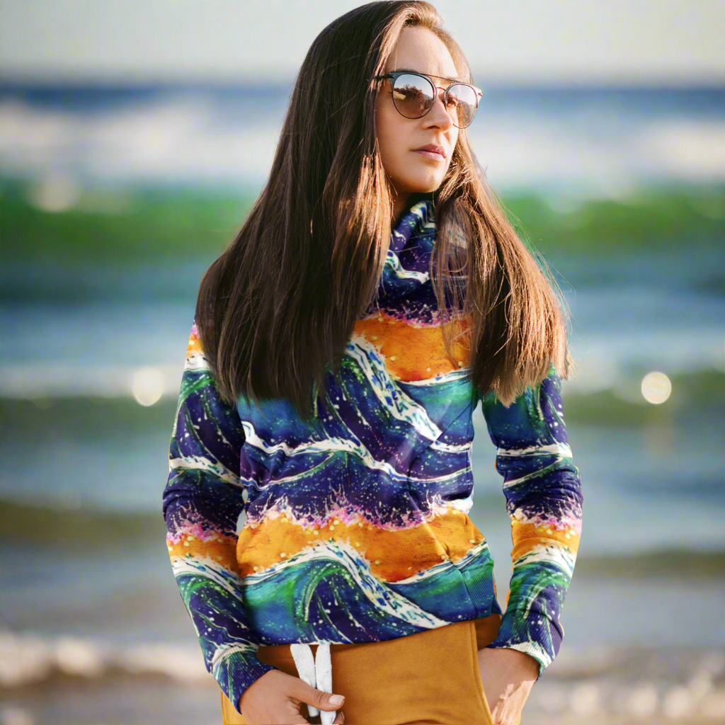 Blue Wave Splash Yellow Sunset Beach Hoodie Cozy Sweatshirt