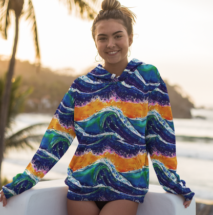 Blue Wave Splash Yellow Sunset Beach Hoodie Cozy Sweatshirt