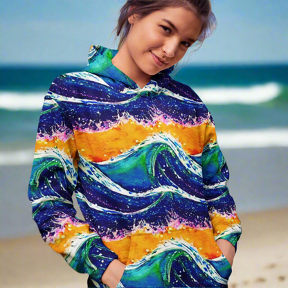 Blue Wave Splash Yellow Sunset Beach Hoodie Cozy Sweatshirt