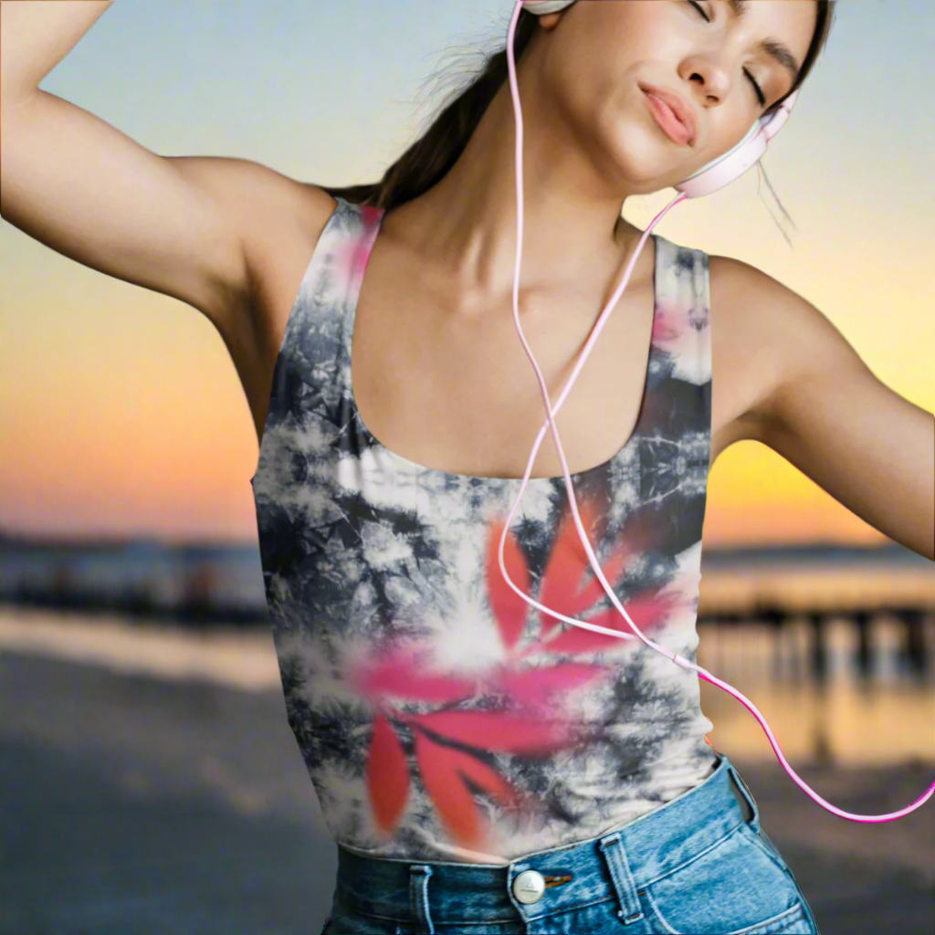 Pink Tropical Spray Paint Black Tie Dye Tank Top