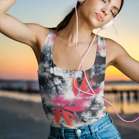 Pink Tropical Spray Paint Black Tie Dye Tank Top