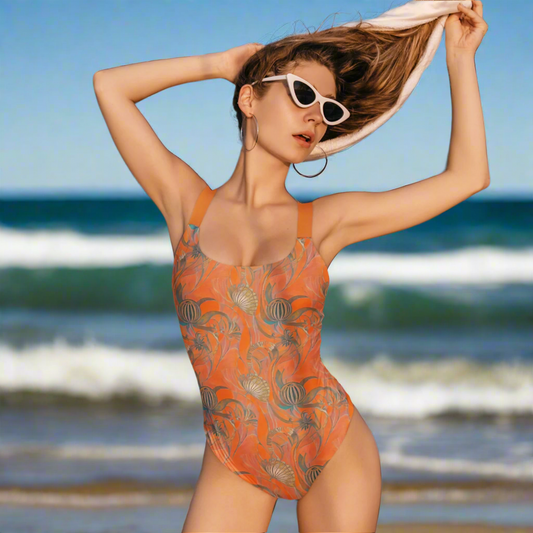 Art Deco Orange Shell One-Piece Swimsuit