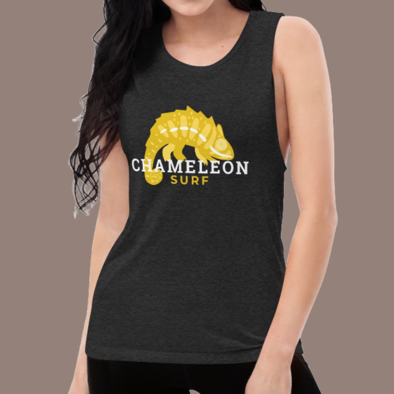 Yellow Chameleon Surf Women's Muscle Tank Top in Black Heather, featuring soft flowy fabric, low-cut armholes, and a relaxed summer vibe – perfect for beach days, yoga, travel, workout, gym and casual wear
